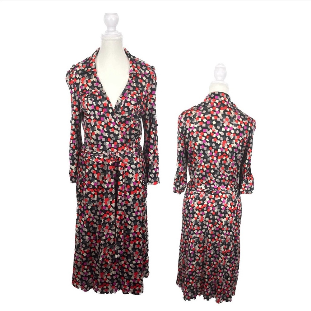 Diane Von Furstenberg Red and Black Squares Wrap Dress